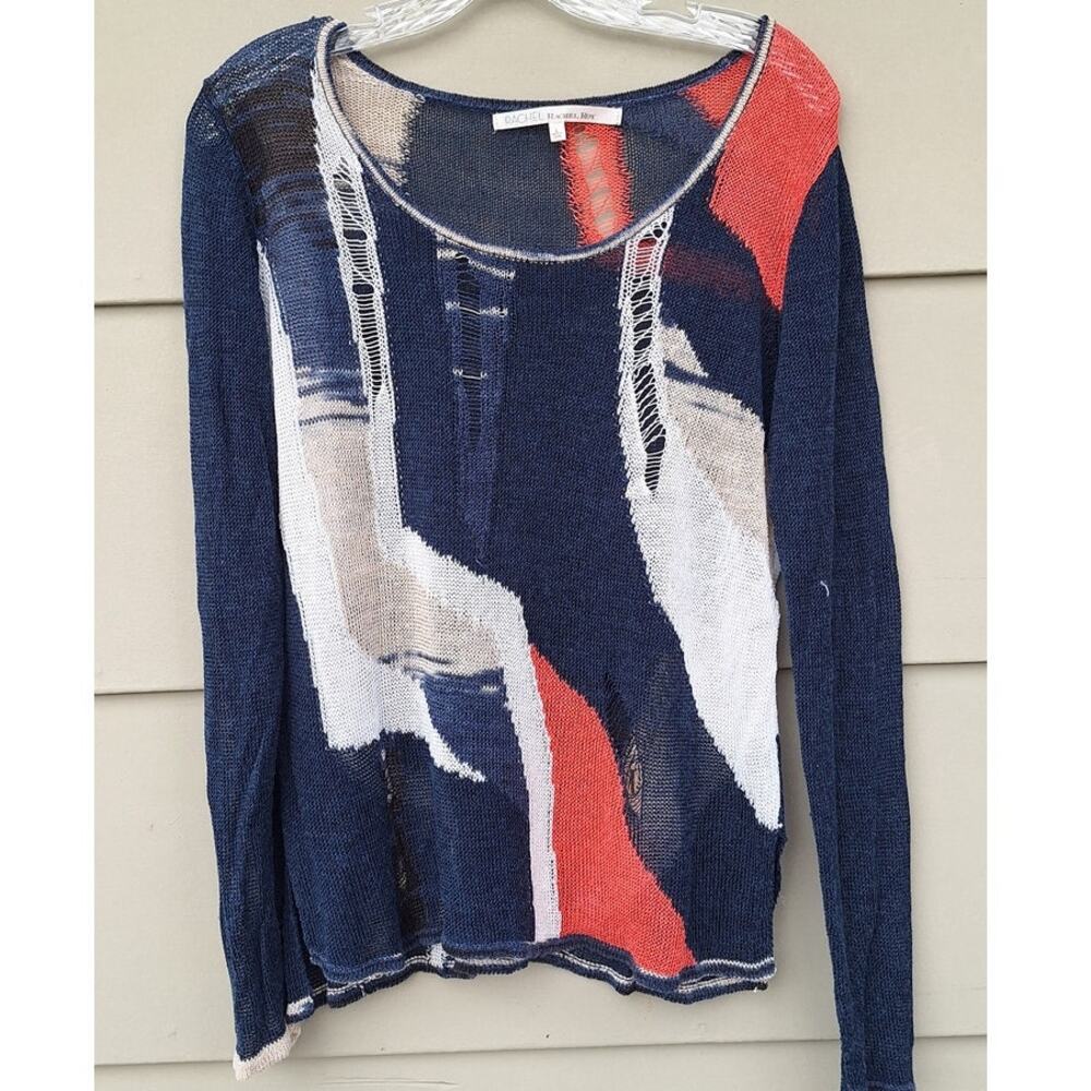 Rachel Roy Linen blend Distressed Semi Sheer Knit Abstract Sweater L Boho Beach